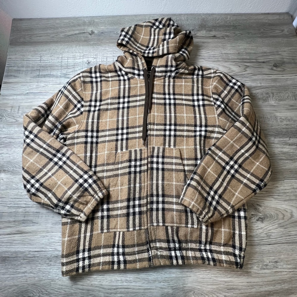 Modern Culture Plaid Hoodie Mens XL Tan‎ Full Zip Fleece Lined Jacket Streetwear